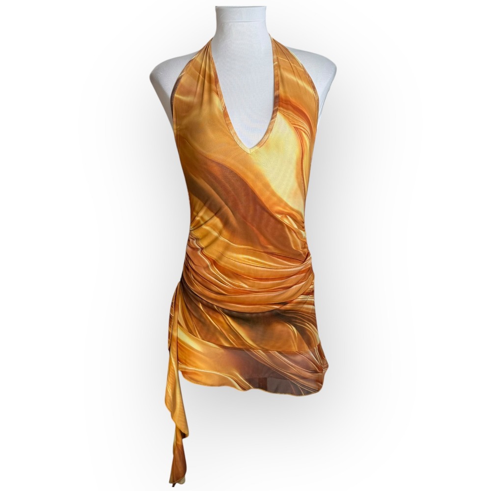 Musera Abstract Print Frill Hem‎ Mini Dress Orange Size XS